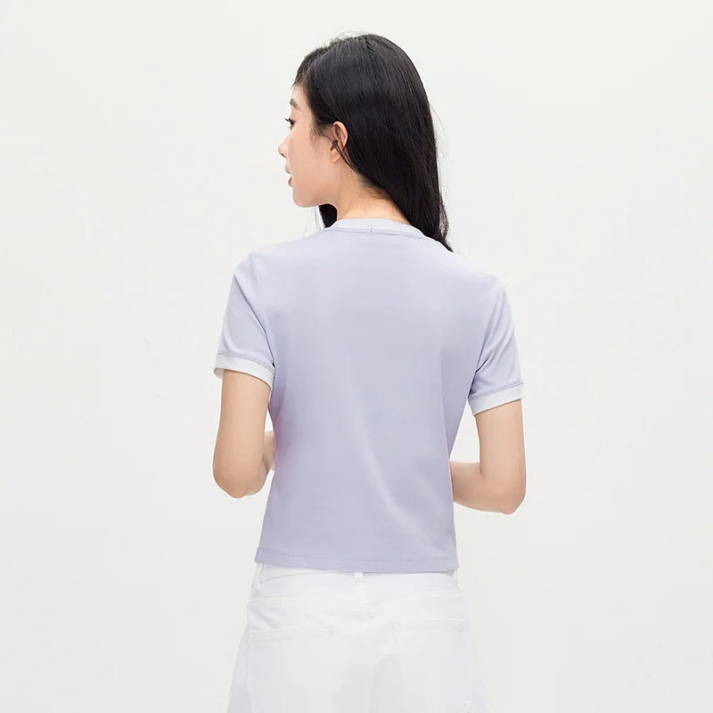 Semir Women Tshirt Cropped Contrast Color Slim Straight Shoulder Short Sleeve Summer 2026 Casual Style Soft Top