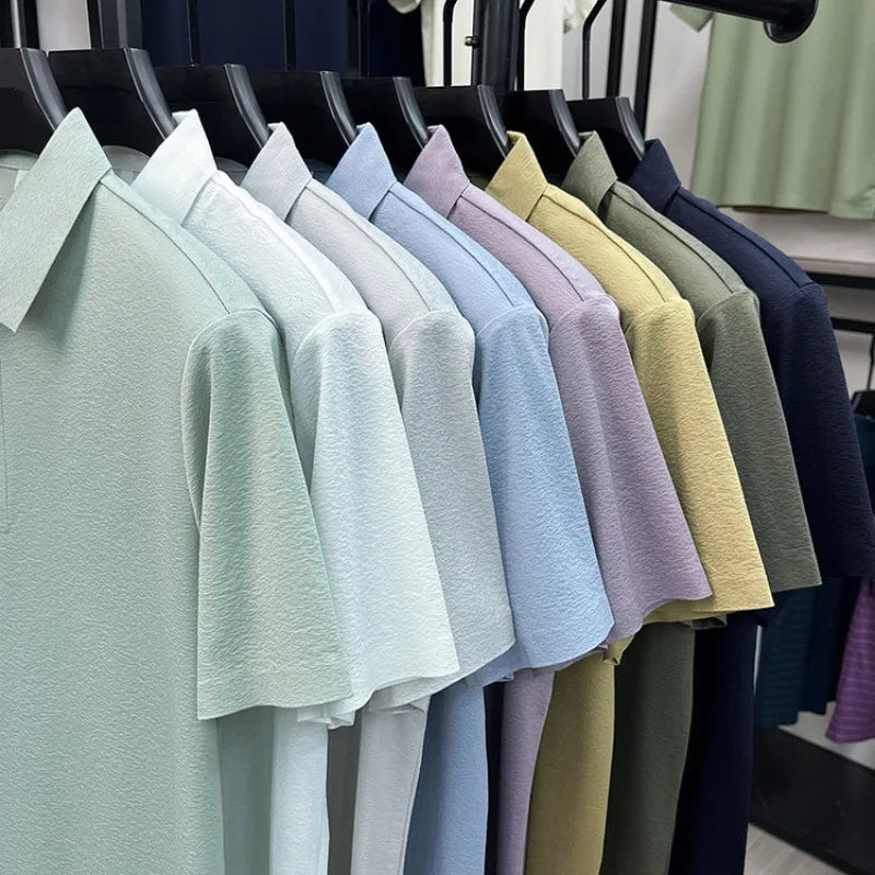 Men's Textured Polo Shirt Short Sleeve – Stretchy Blend, Soft Breathable, Multi-Color, Business Casual Summer Top