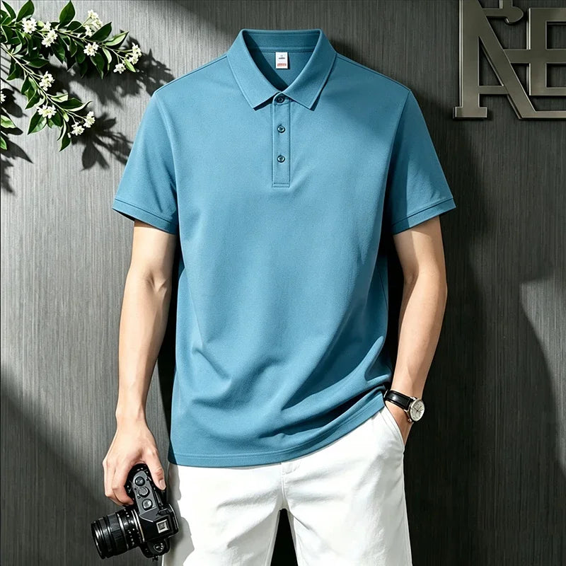 Loose Fit Short Sleeve Solid Polo For Males Turn Down Collar Button Placket Streetwear Simple Casual Wear Top