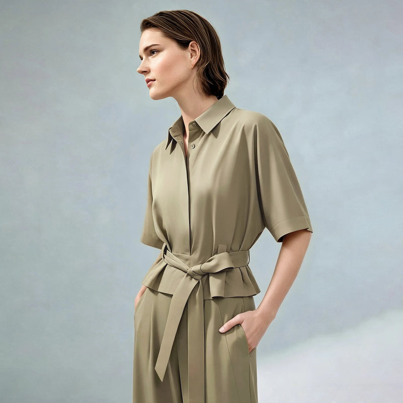 Amii 100% Cotton Women's Shirt 2026 Summer New Lapel Collar Belted Dolman Sleeve Blouse Loose Casual Office Short Top 12642126