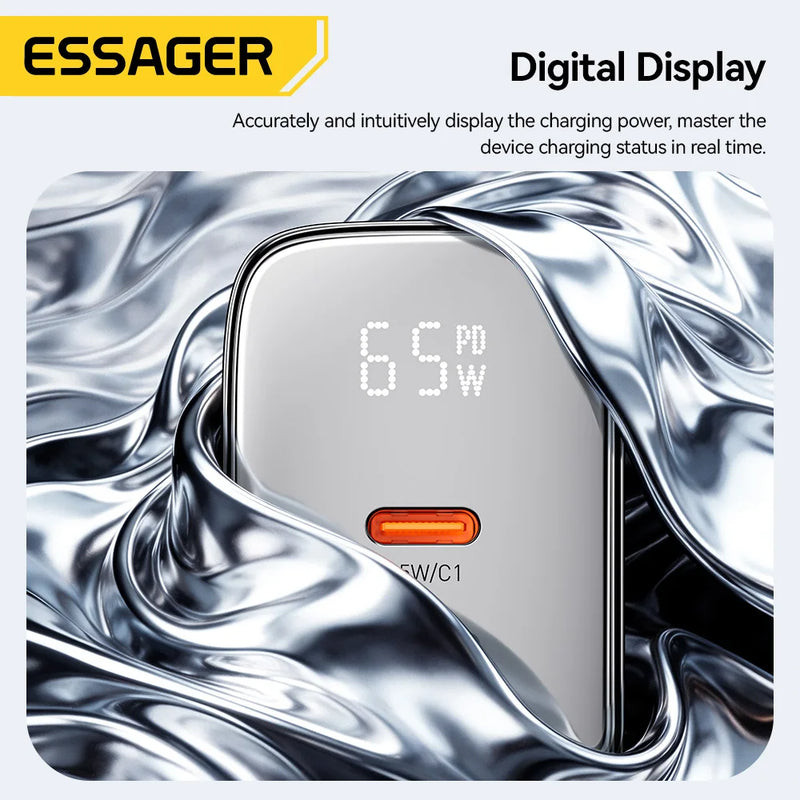 ឆ្នាំងសាក Essager 65W GaN USB Type C អេក្រង់ឌីជីថល QC 4.0 PD 3.2 PPS 45W សាកលឿនសម្រាប់ Samsung Huawei IPhone17 កុំព្យូទ័រយួរដៃ MacBook