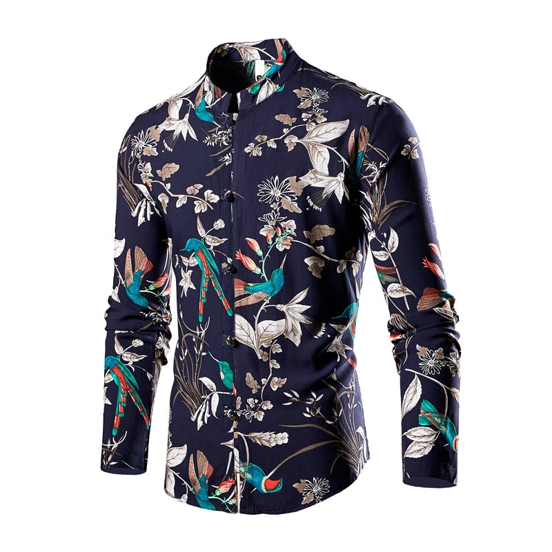 Chinese Style Men's Red Stand-up Collar Long-sleeved Shirt, Single-breasted Printed Shirts, Fashion Casual Camisas. New 2026