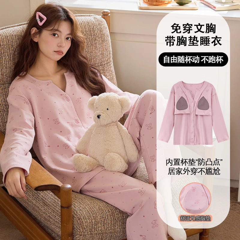 Korean Cotton Chest Pad Long Sleeve Top Trouser Sets Casual Home Suit For Women Spring Autumn Sleepwear Women's Pajamas