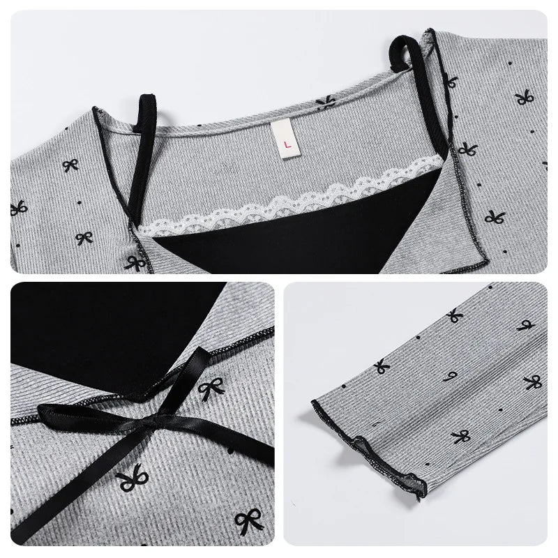 Korean Sweet Chest Pad Women Pajama Sets Printed Modal Long Sleeve Trousers Suit Spring Autumn Home Wear Slim Sleeping Clothes
