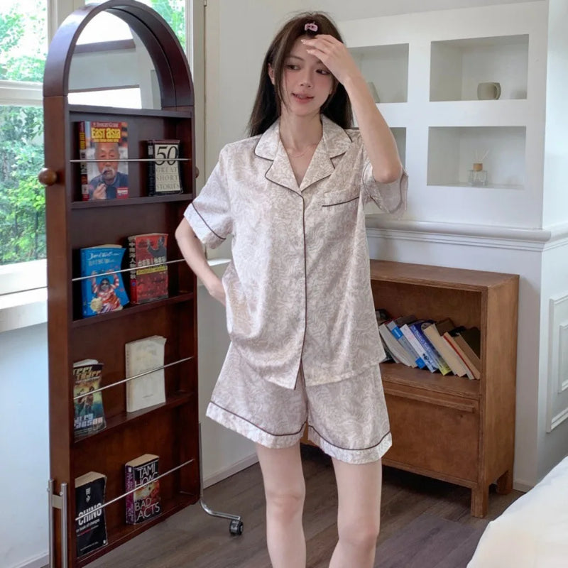 2 Pieces Floral Sleepwear Women's Summer Pajamas with Shorts Nightwear Elegant Lapel Button Pyjamas Ladies Loungewear Suit