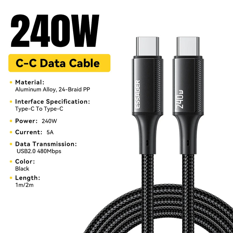 ខ្សែសាក Essager 240W USB Type C សម្រាប់ iPhone 15 Pro Max PD3.1 ខ្សែសាកប្រភេទ C លឿន 5A សម្រាប់កុំព្យូទ័រយួរដៃ Xiaomi Macbook Pro iPad