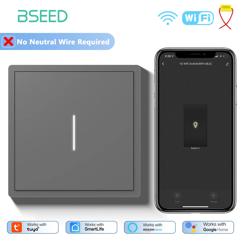 BSEED WIFI Button Light Switch 1/2/3/4Gang Smart Switch Plastic Frame Tuya Smart Life Alexa Voice Control Without Neutral Line
