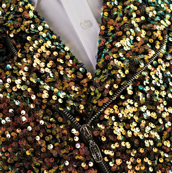 Men's Long-sleeve Jacket with A Zipper Closure and Circular Sequin Embellishments—perfect for Nightclubs, Biker Events, Parties.