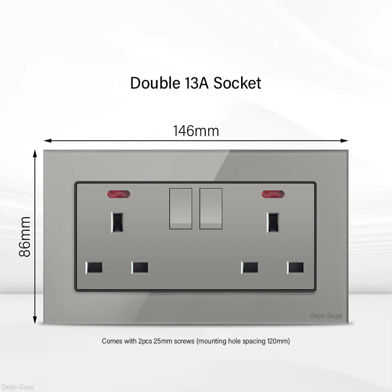 Grey UK 13A Tempered Glass USB Type C 18W Quick Charge Socket,Dual Universal Power Outlet,Home Light Electric Switch Panel