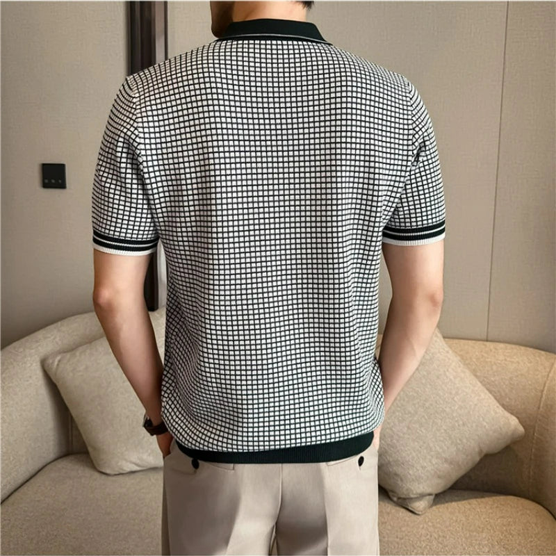 Men's Summer Slim Fit Knitted Polo Shirt - Mature Style Short Sleeve Grid Pattern Business Casual Top with Contrast Collar
