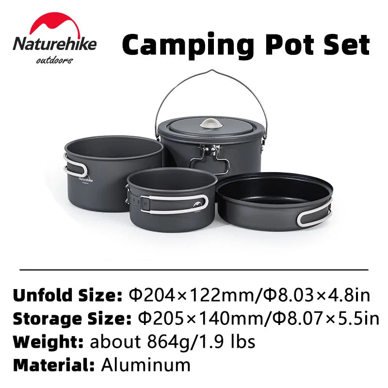 Naturehike Aluminum Alloy Pots Set 4pcs Non-Stick Pan with Mesh Bag Portable Outdoor Camping Cookware Picnic Cooking Tableware