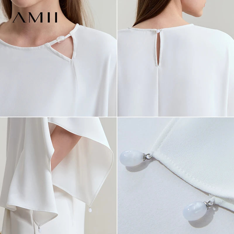 Amii Women's 2026 Summer Blouse Casual White Short Sleeve Hollow Chiffon Shirt Water Drop Office Lady Loose Tops 12552047
