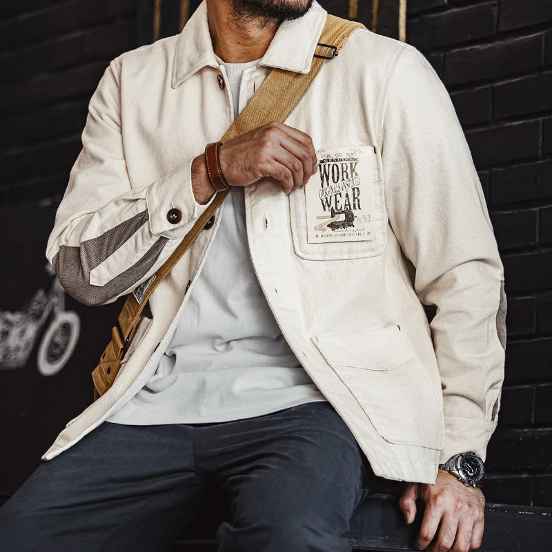 អាវធំ Maden Retro Heavyweight Cotton ជាមួយនឹងដៃអាវ Twill Lapel Sleeves Corduroy Splicing Design Single-Breasted Coat សម្រាប់រដូវស្លឹកឈើជ្រុះរបស់បុរស