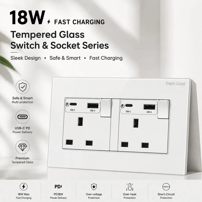 UK Standard 18W Type-C Fast Charging Universal Dual 3pin Power Outlet,White Tempered glass Wall light Switch Panel  For Home