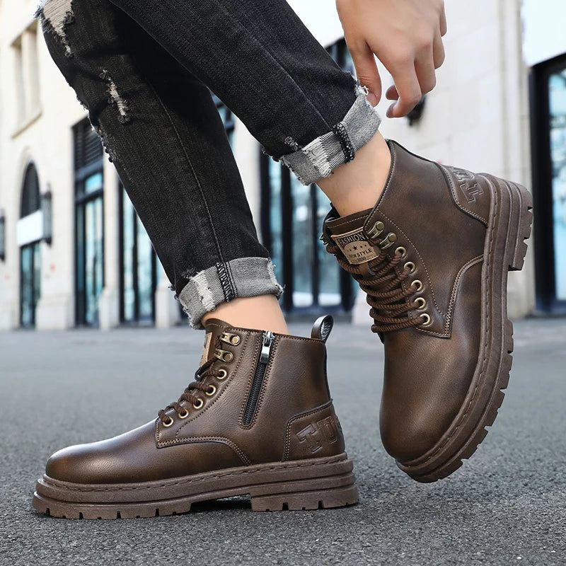 Men's boots four seasons soft-sole non-slip casual boots fashion outdoor work boots high boots classic Joker youth leather boots