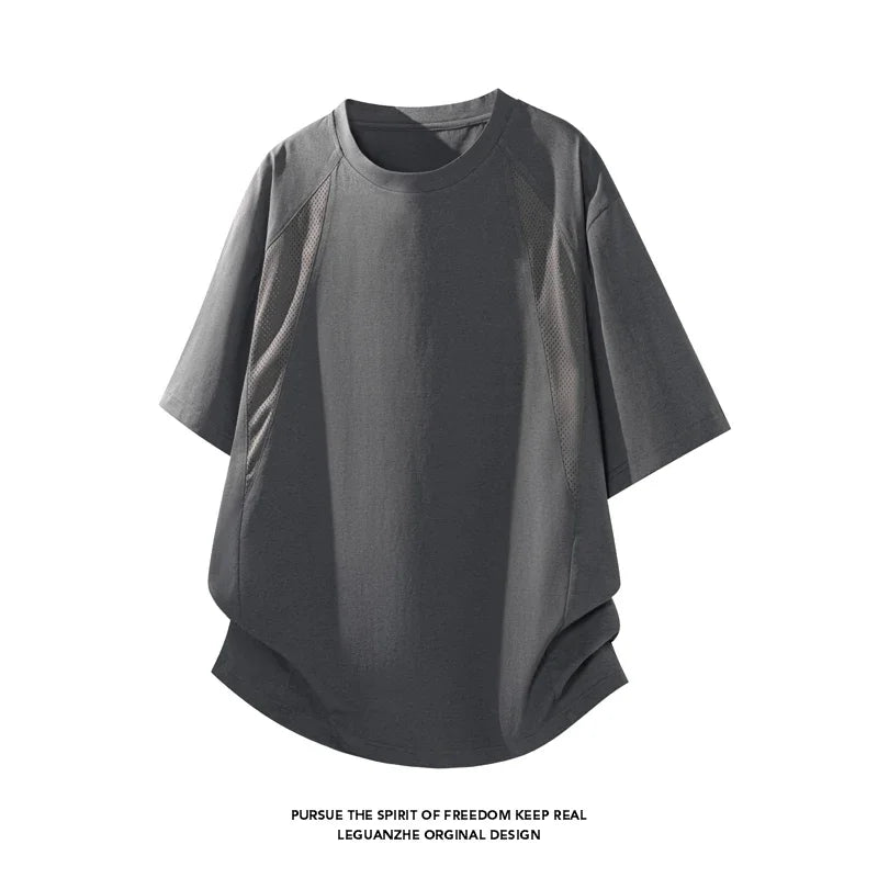 Mens Loose Curved Hem Athletic Top Raglan Short Sleeve Mesh Spliced Quick Dry T Shirt For Gym Training Travel Outdoor Scenarios