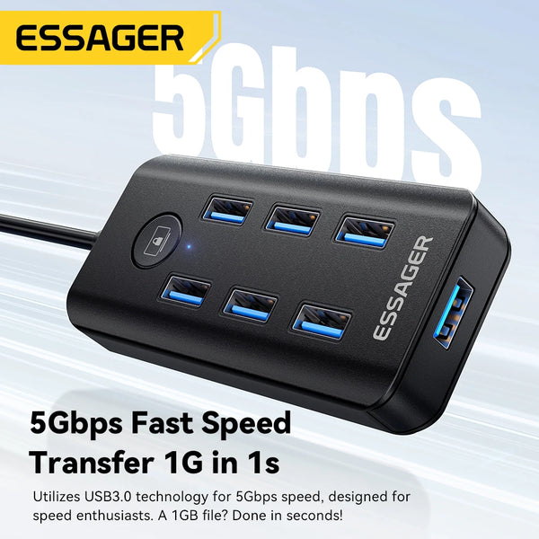 ឧបករណ៍ភ្ជាប់ថាមពល Essager 7-in-1 USB 3.0 Hub Multi USB Splitter Adapter 5Gbps High Speed USB Splitter OTG Adapter សម្រាប់កុំព្យូទ័រ Laptop Macbook Pro