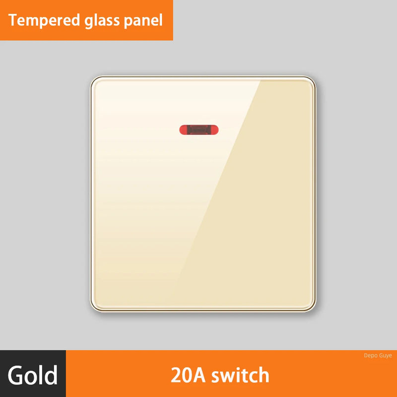 Luxury All Tempered Glass Wall Lamp Switch Button Golden UK Plug 13A Universal Wall Socket with Usb ,220V2gang2way Dimmer Switch