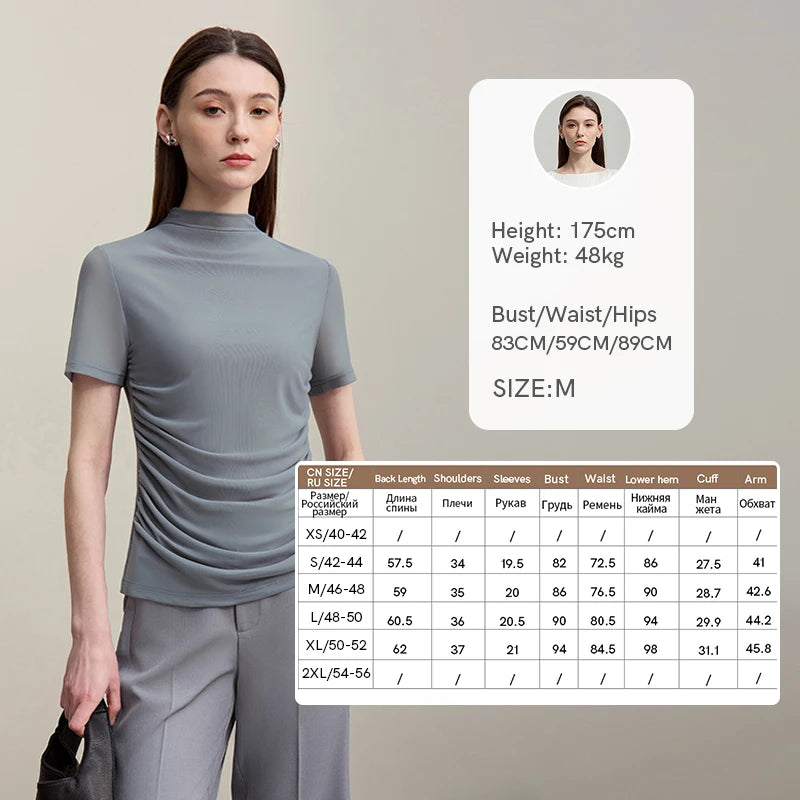 Amii Women's T-Shirt 2026 Summer New Shirred Short Sleeve Women's Tee Shirt Mock Neck Mesh Slim Stretch Lightweight Top 12612027
