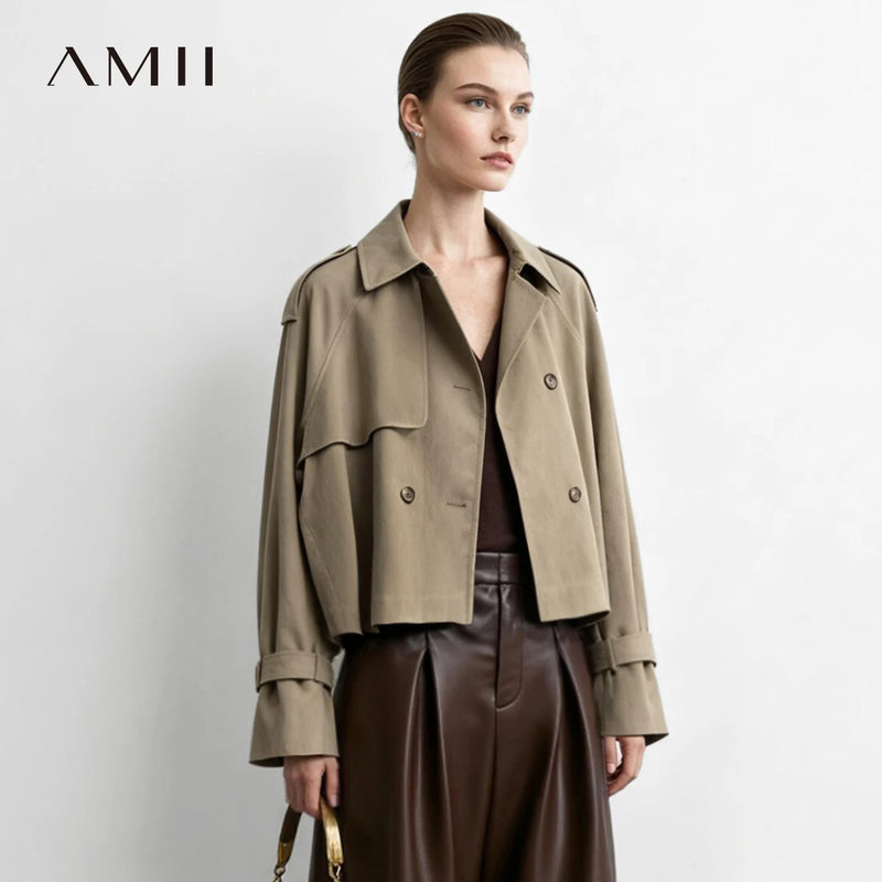 អាវធំរដូវស្លឹកឈើជ្រុះ Amii Minimalist ធ្វើពីកប្បាស Double Breast Lapel Raglan Sleeve អាវខ្លីរលុងសម្រាប់ការិយាល័យ អាវក្រៅស្ត្រី 12623099