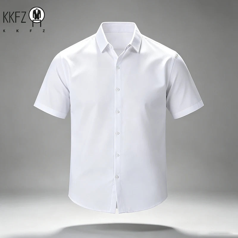 Summer Male Lapel Short Sleeve Dress Shirt Single Breasted Soft Stretch Cloth Outdoor Travel Daily Commute Formal Top