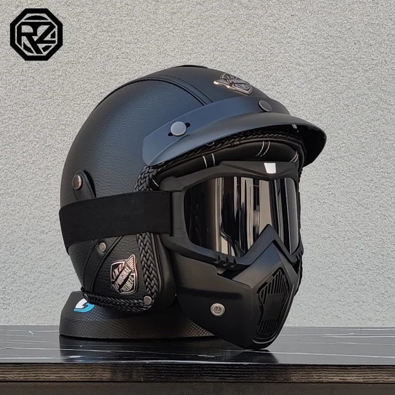 【ORZ】Retro Leather 3/4 Open Face Motorcycle Helmet, PU Leather Shell Cafe Racer Scooter Motorbike Half Helmet for Men Women