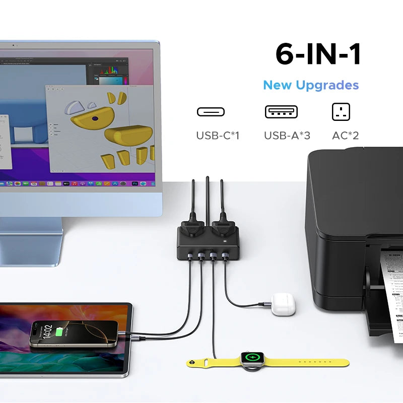 UGREEN 6 in 1 Power Strip UK Plug 2 AC 3 USB-A 1 USB-C 2990W 13A 250V Surge Protector PC Material with Indicator Light