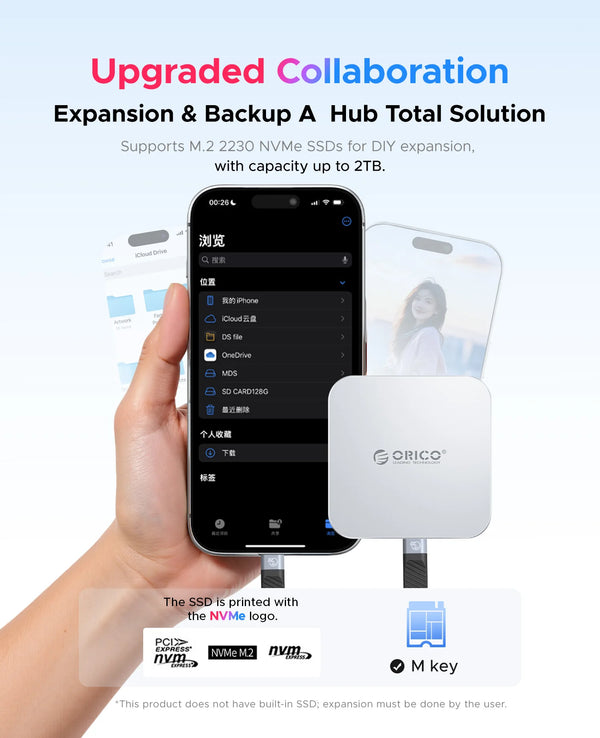 ORICO Magnetic M.2 2230 NVMe SSD Enclosure 10Gbps USB C Docking Station with 4K60HZ HDMI-COM SD/TF PD 100W Charger for iPhone 17