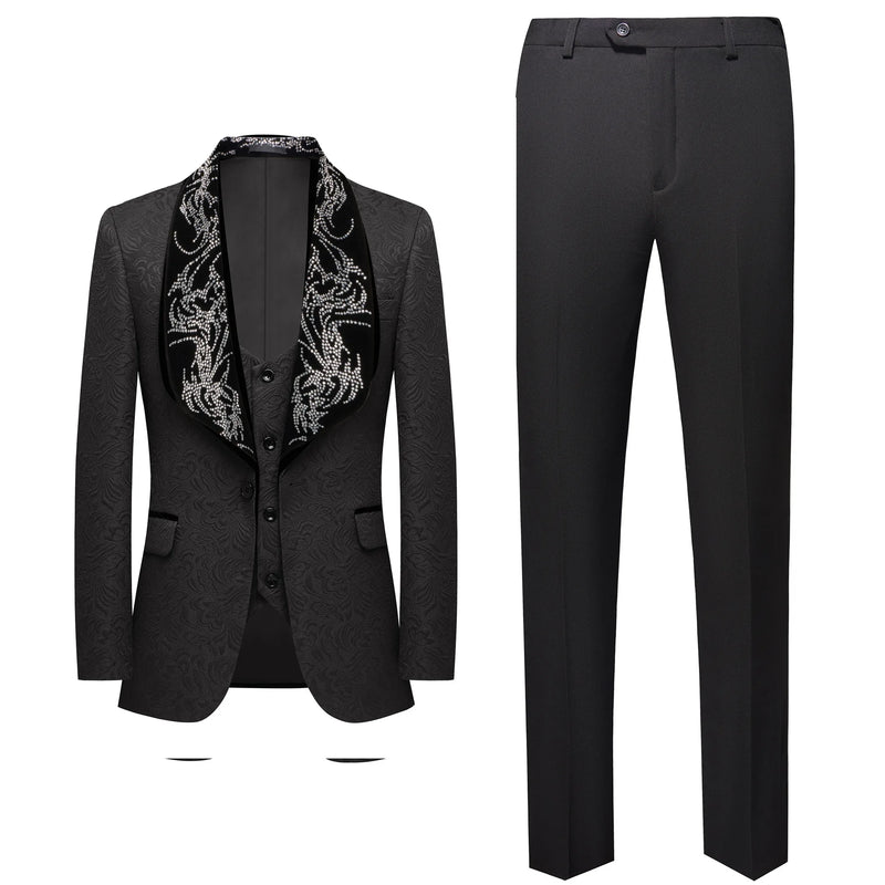Red Men's Three-piece Suit Set Featuring A Jacquard Jacket and Vest Paired with Pants. Blue, Green, Purple, Pink, and White.