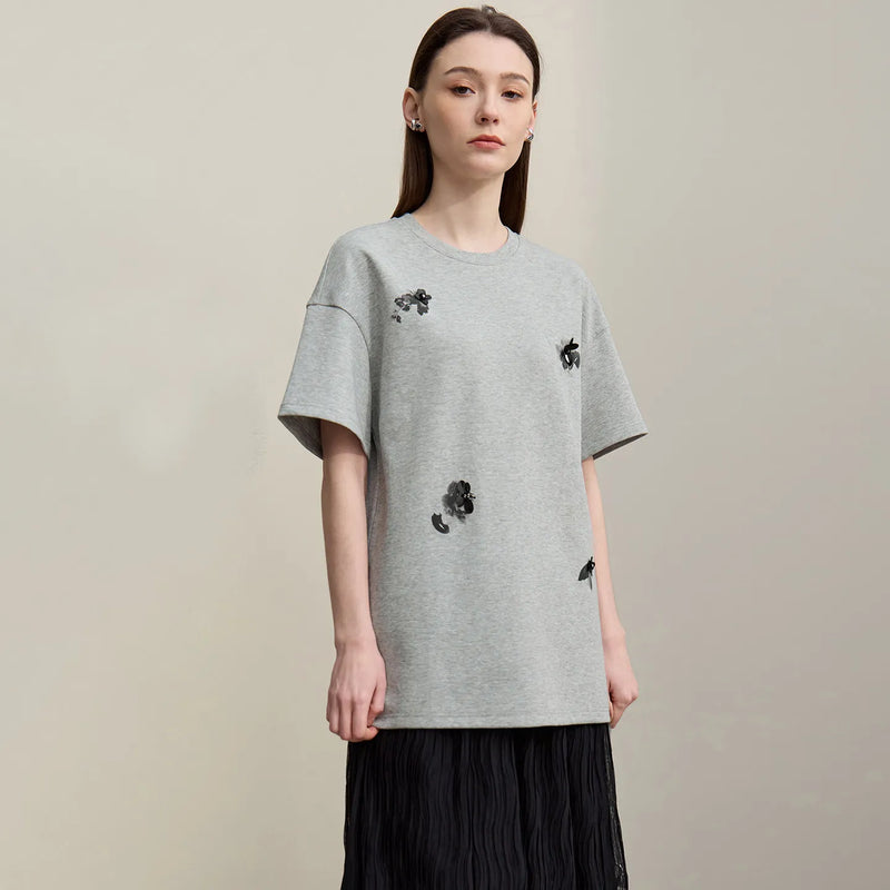 Amii Women's T-Shirt 2026 Summer New Drop Shoulder Printed Air Layer Stretch Tee Shirt Beaded Loose Casual Top Women 12642067
