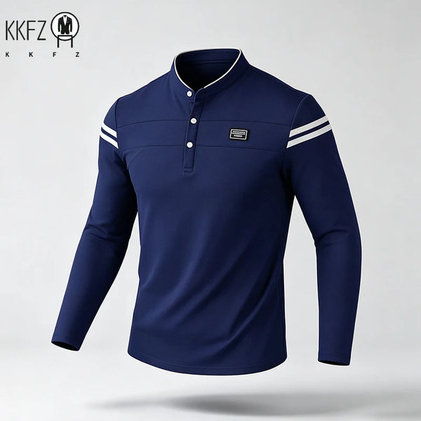 Mens Basic Stand Collar Long Sleeve Polo Top Sleeve Stripes Suitable For Vacation Short Trip And Multiple Leisure Scenes