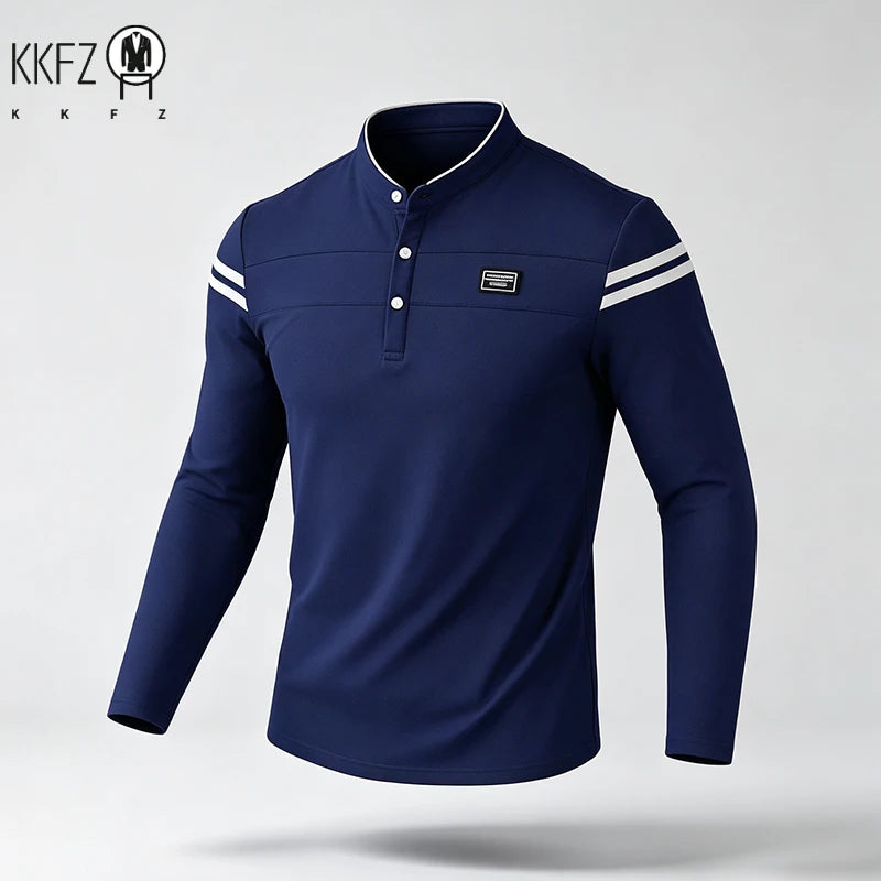 Mens Basic Stand Collar Long Sleeve Polo Top Sleeve Stripes Suitable For Vacation Short Trip And Multiple Leisure Scenes