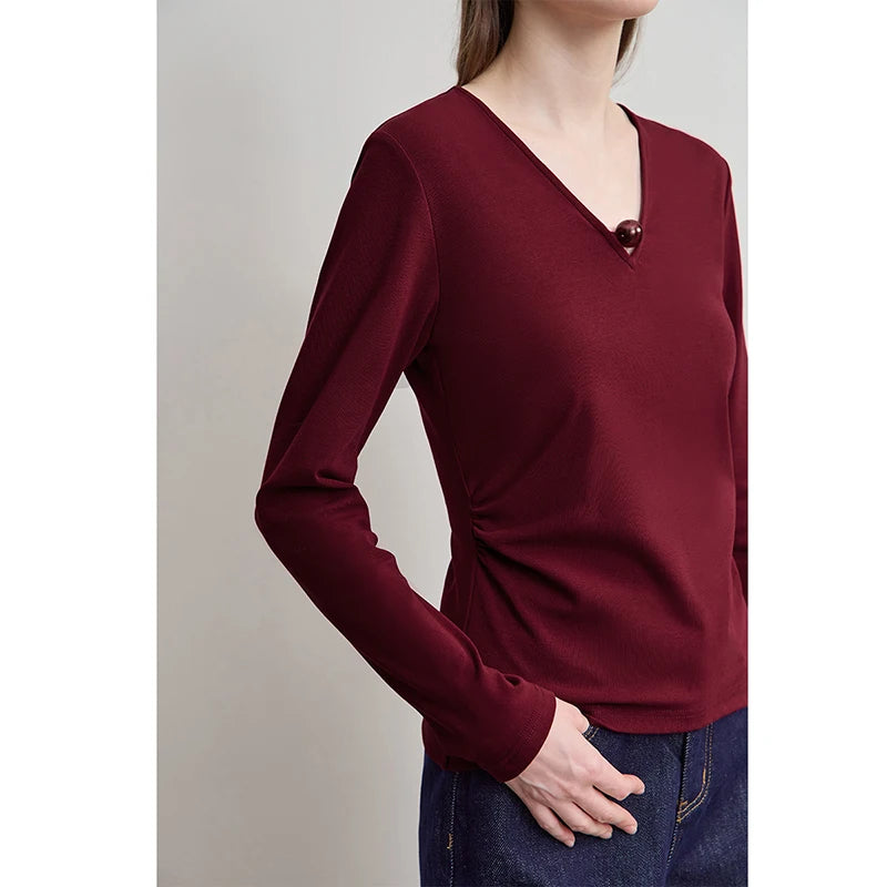 AMII Women's T-shirt 2026 Autumn New Modern V-neck Middle-aged Women's Clothing Cotton Knitted Long Sleeves Ladies Tops 12523145