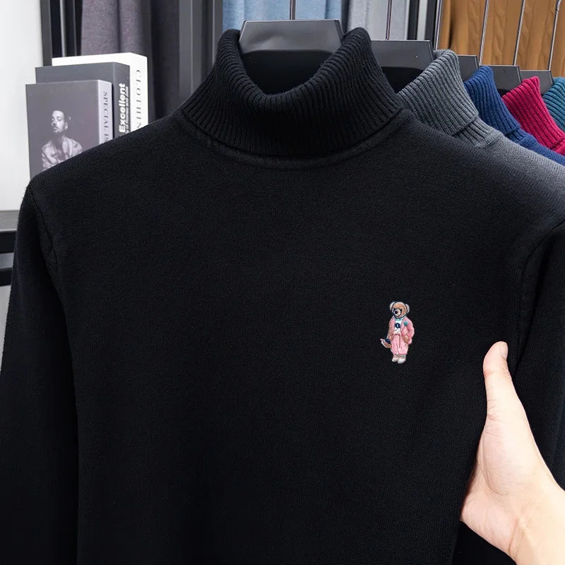 Comfort Man High Neck Long-Sleeved Knitwear Bear Embroidery Pullover Fashionable Daily Wear for Men Autumn Winter Versatile Men'