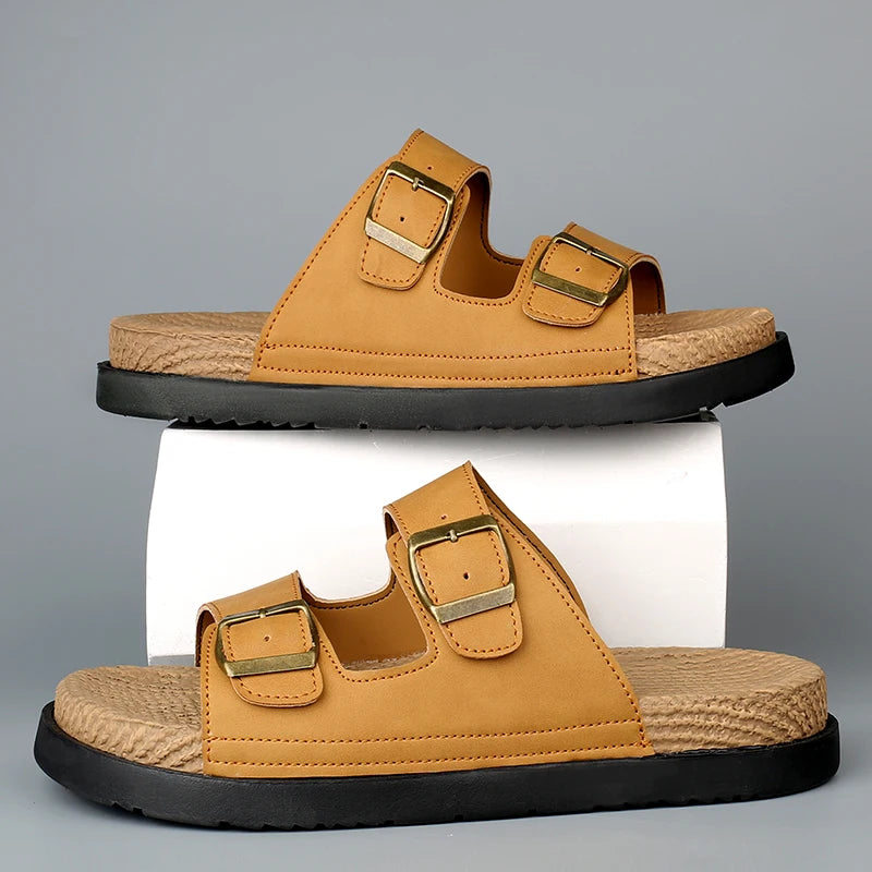 Summer Mens Adjustable Slippers Men Leather Slides Thick Soles Bottom Platform Slippers Sandals Soft Comfortable