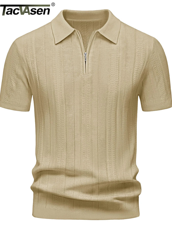 TACVASEN Men's Zipper Polo Shirt Short Sleeve Textured Knit Polo Casual Stretchy Golf Shirt Fit Summer Breathable  Polo Top