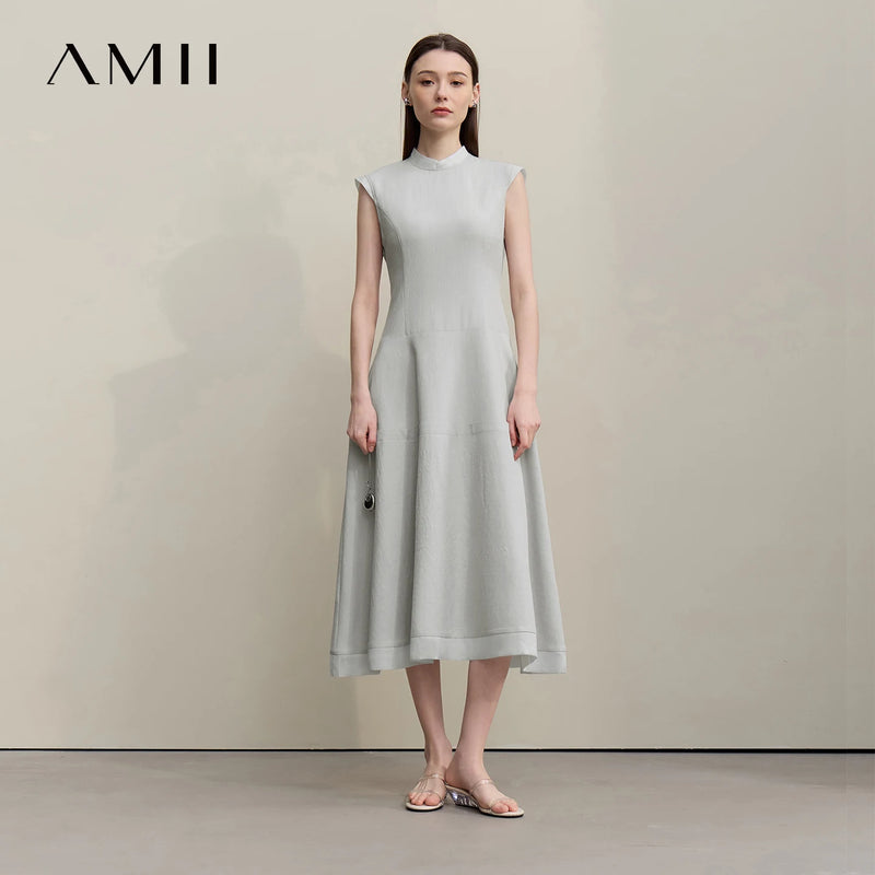 Amii Women's Dress 2026 Summer New Chinese Style Mandarin Collar Bow Broad Shoulder Elegant Patchwork Midi Dress Woman 12642055
