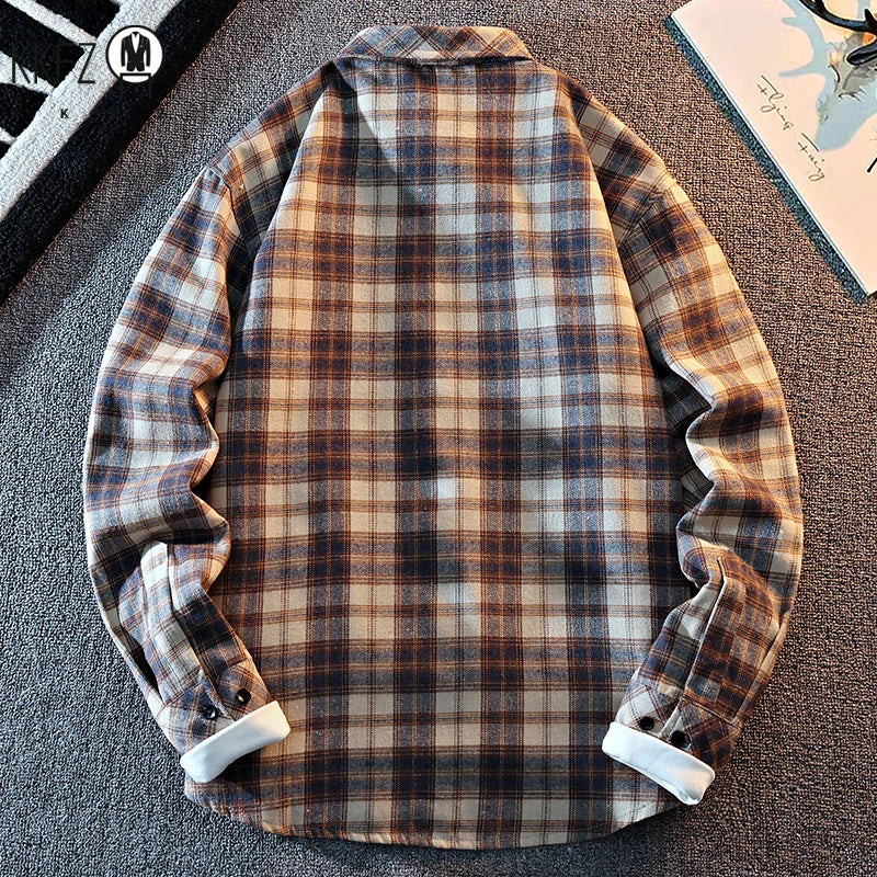 Classic Casual Plaid Overshirt Men Button Front Lapel Single Pocket Long Sleeve Basic Street Layered Fashion Top