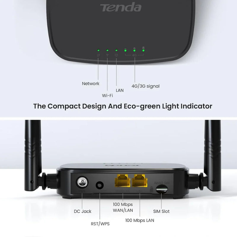 រ៉ោតទ័រ Tenda 4G SIM 4G03 Pro - រ៉ោតទ័រវ៉ាយហ្វាយចល័ត 3G/4G ប្រេកង់ឥតខ្សែ 2.4 GHz, LTE Cat4, រន្ធ LAN/WAN Ethernet លឿន, 2 * 4dBi
