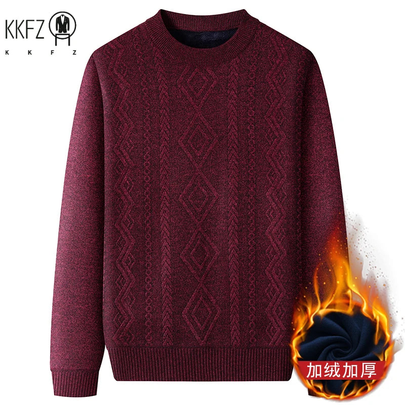 Thick Thermal Crew Neck Pullover Men Vertical Geometric Diamond Pattern Soft Fleece Lining Weekend Outing Knitwear