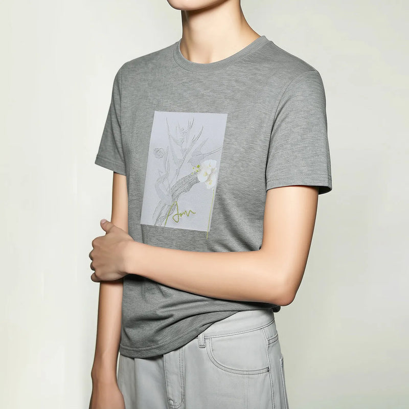 Amii Women's Short Sleeve T-shirt 2026 Summer New Letter Embroidered O-Neck Printed Cotton Stretch T-Shirt Casual Top 12622138