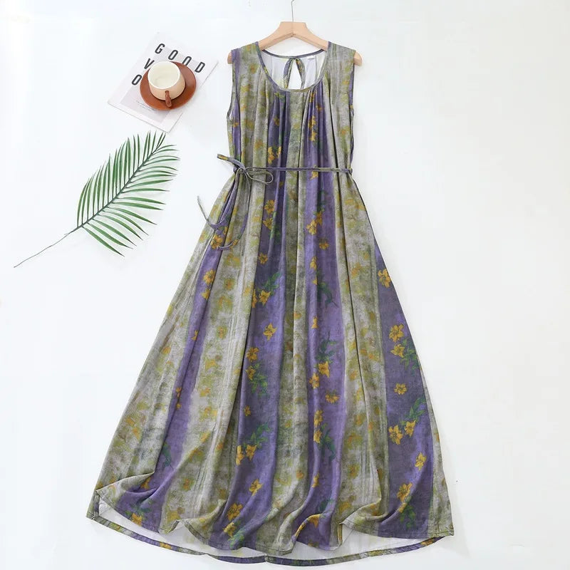 Spring Summer New Literary Artistic Style Large Size Women's Clothing Cotton Silk Printing Night Dress Lady Home Nightgowns