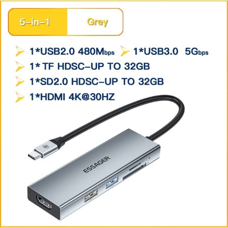 Essager USB C HUB to HDMI-compatible VGA USB 3.0 Adapter 11 in 1 USB Type C HUB Dock for MacBook Pro Air PD RJ45 SD Card Reader China 5 in 1