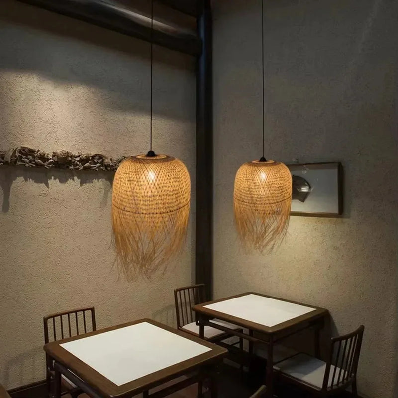 Vintage Bamboo Chandelier Natural Handmade Woven Rattan Pendant Lights E27 Hanging Lamp Restaurant Tea Room Living Room Cafe