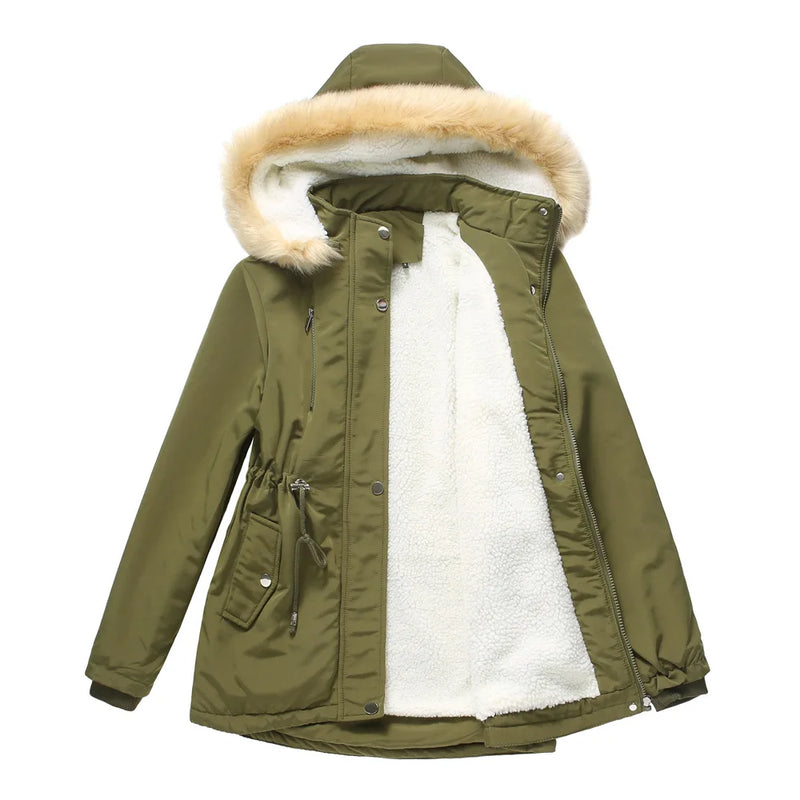 Winter New Arrival Women's Dark Brown Hooded Mid-Length Coat, Stylish and Warm Thick Jacket. Khaki, Black, Blue, Pink Parkas.