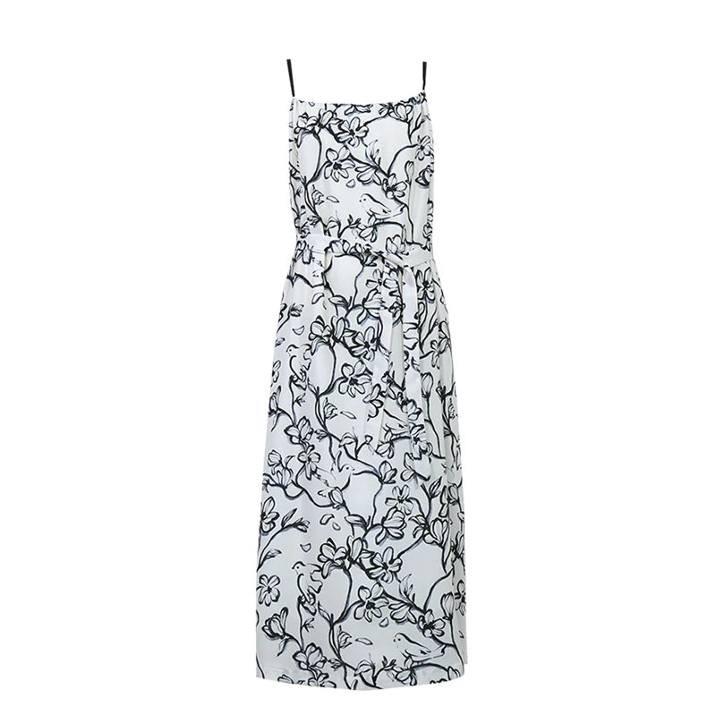 Amii Womens Dresses 2026 Summer New Printed With Belted Oversized Holiday Casual Spaghetti Strap A-Line Long Dress 12652050