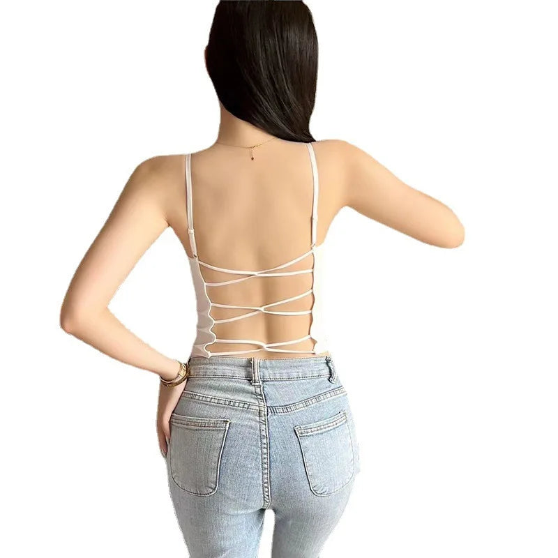 Sexy Hollow Back Three Cross Suspenders Integrated Steel-free Underwear Slim-fit Chest Pad Vest Women One Piece Pajamas Top