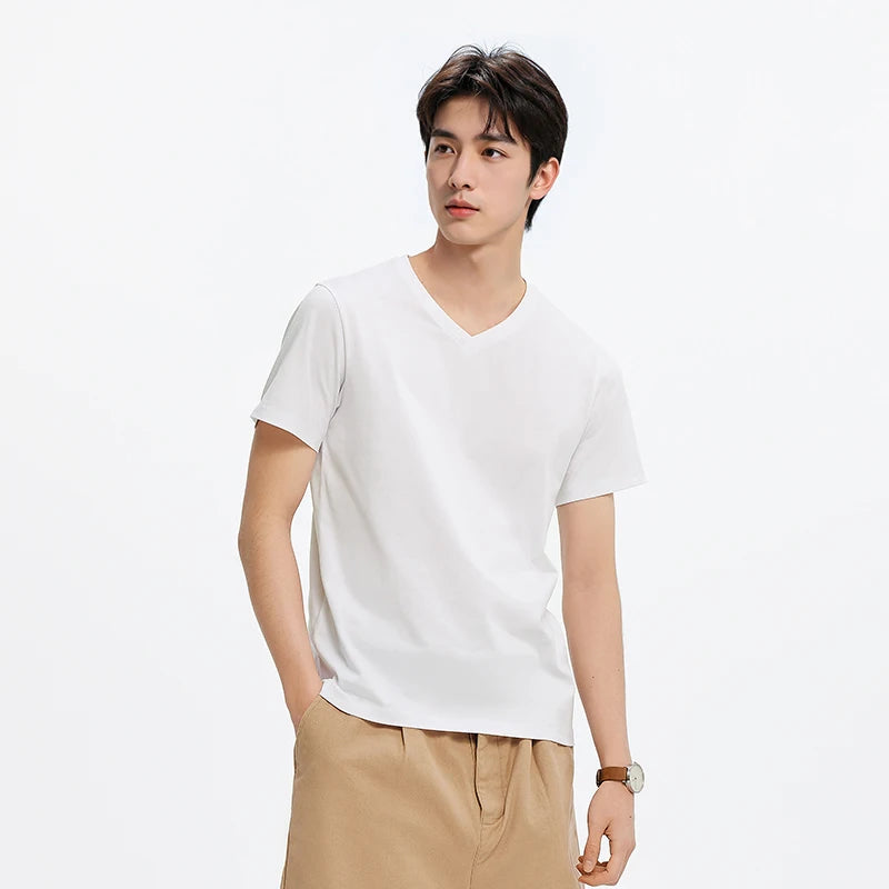 Semir Men T Shirts 2026 Summer New Basic Solid V Neck 3A Antibacterial Comfortable Casual Tops