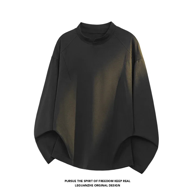 Mens Daily Wear Notched Mock Neck Long Sleeve Tee Solid Plain Fabric Loose Silhouette For Weekend Casual Gathering