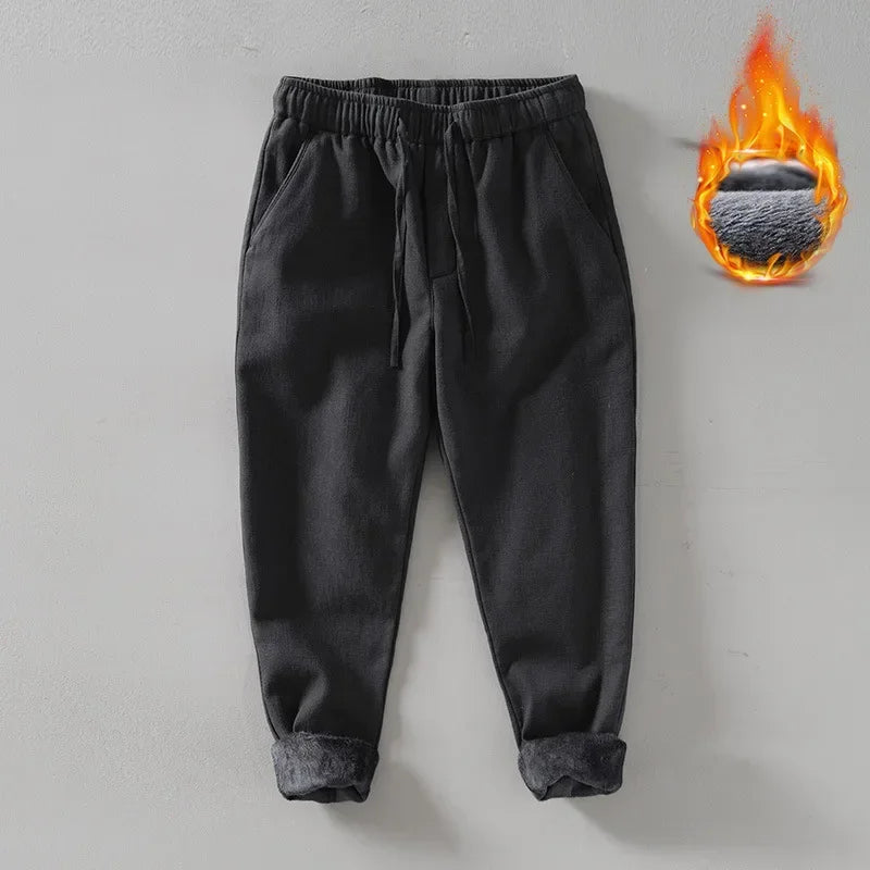 Winter New Vintage Warm Velvet Ramie Cotton Straight Pants for Men Clothing Elastic Waist Pants Retro Trousers BL8234